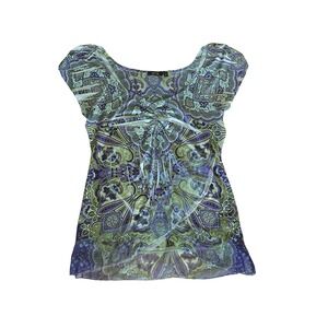 APT 9 Petite PM Sheer Paisley Blouse Green Purple Beaded Accent Top